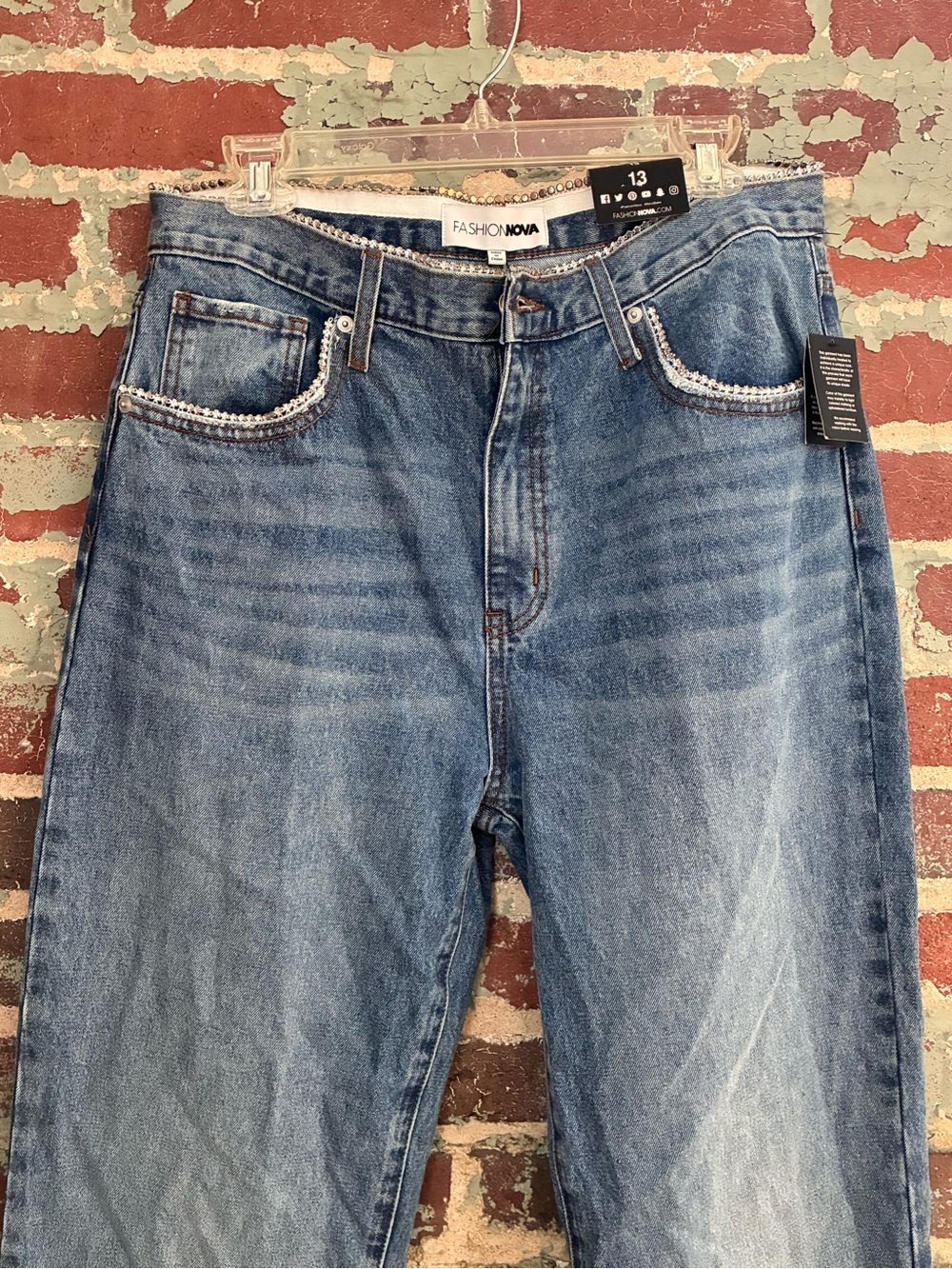 Fashion Nova Women’s Blue Denim Jeans with BlingTrim Detail